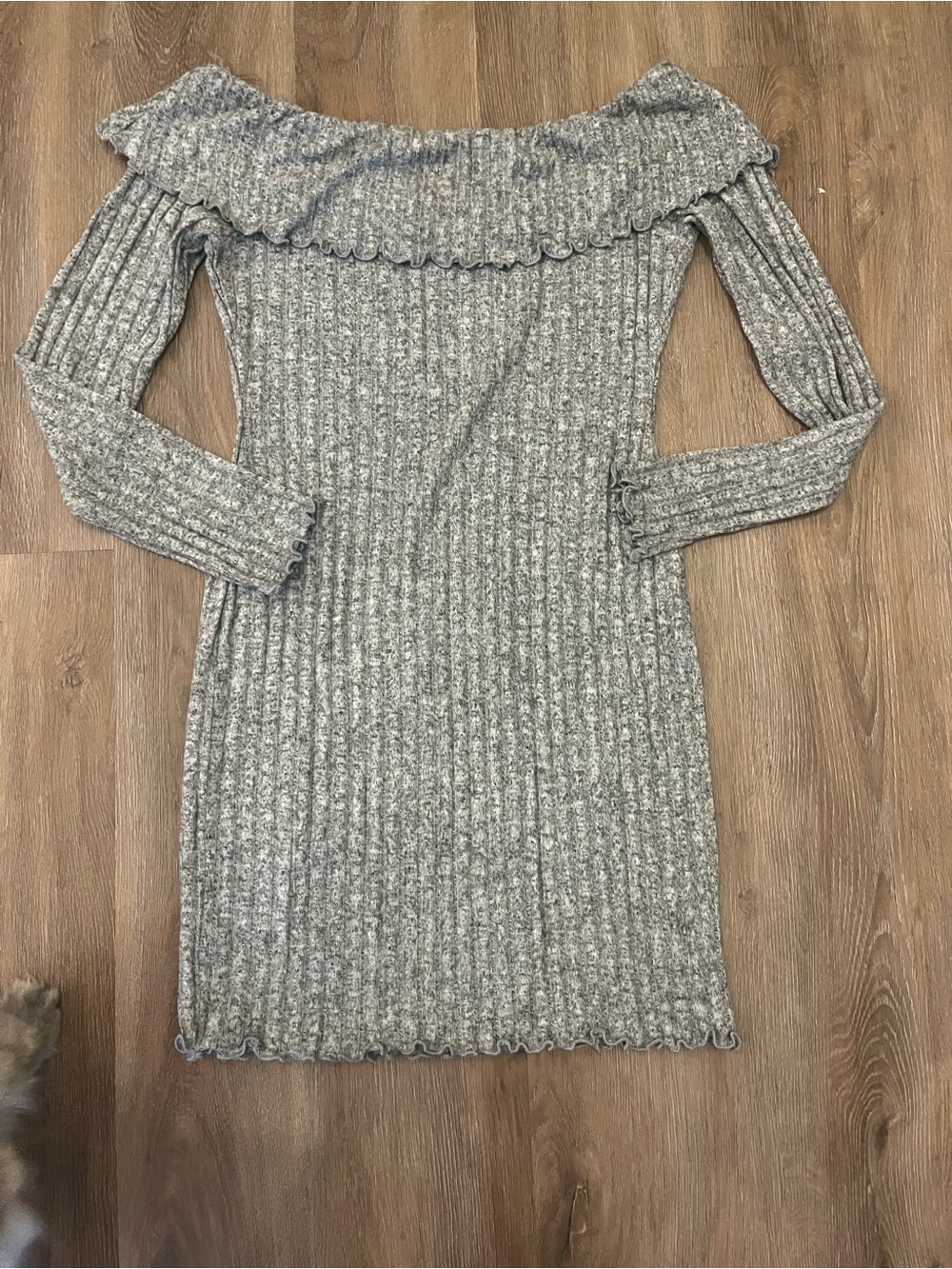 Off-Shoulder Ribbed Knit Dress - Gray